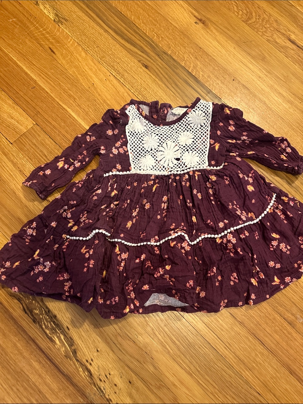 btween Burgundy Floral Dress with White Crochet Yoke